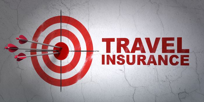 Success Insurance concept: arrows hitting the center of target, Red Travel Insurance on wall background, 3D rendering