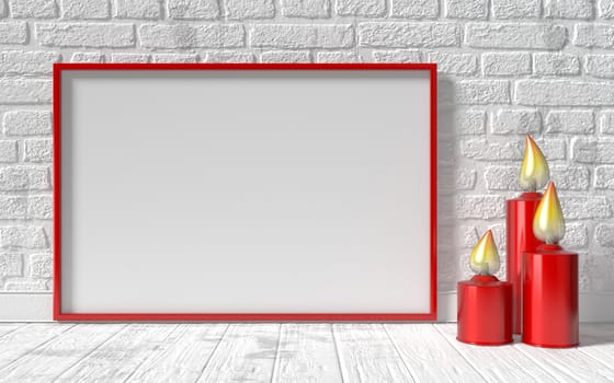 Blank picture frame and red candlestick on white brick wall. Mock up 3D rendering  illustration