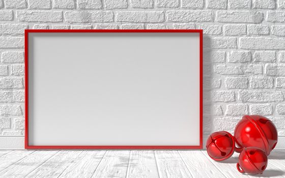 Mock-up red canvas frame, red Christmas sleigh bells and brick wall. 3D rendering illustration