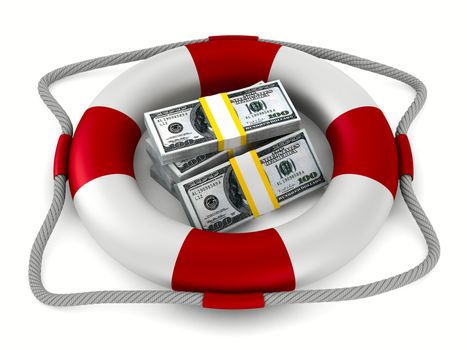 lifebuoy and money on white background. Isolated 3D image