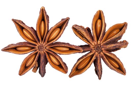 Stars of dried anise (Illicium verum) isolated on white background.
