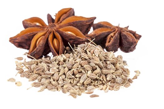 Stars of dried anise (Illicium verum) and seeds  isolated on white background.