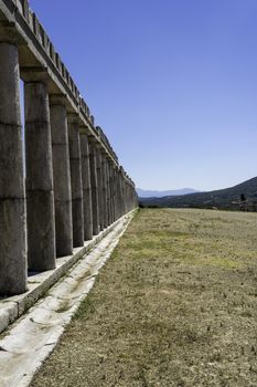 Pillar ruins of the ancient Greek city of Messinia at Peloponnese, Greece