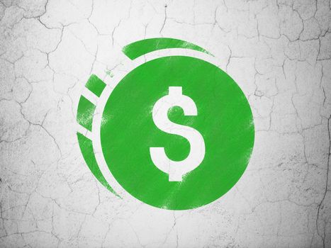 Money concept: Green Dollar Coin on textured concrete wall background