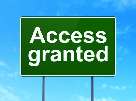 Safety concept: Access Granted on green road highway sign, clear blue sky background, 3D rendering