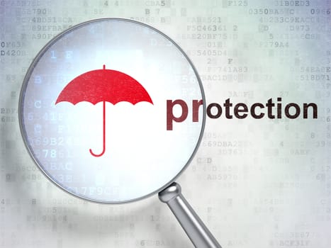 Safety concept: magnifying optical glass with Umbrella icon and Protection word on digital background, 3D rendering