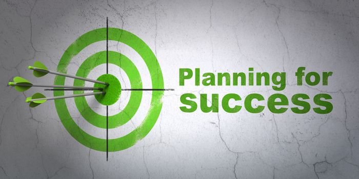 Success business concept: arrows hitting the center of target, Green Planning for Success on wall background, 3D rendering