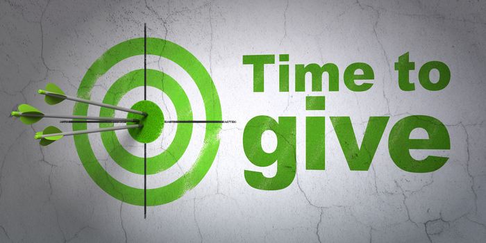 Success time concept: arrows hitting the center of target, Green Time To Give on wall background, 3D rendering