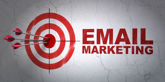 Success marketing concept: arrows hitting the center of target, Red Email Marketing on wall background, 3D rendering