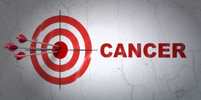 Success Healthcare concept: arrows hitting the center of target, Red Cancer on wall background, 3D rendering