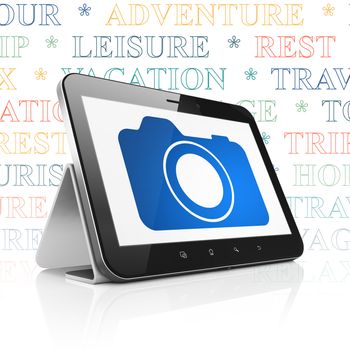 Tourism concept: Tablet Computer with  blue Photo Camera icon on display,  Tag Cloud background, 3D rendering