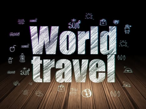 Travel concept: Glowing text World Travel,  Hand Drawn Vacation Icons in grunge dark room with Wooden Floor, black background