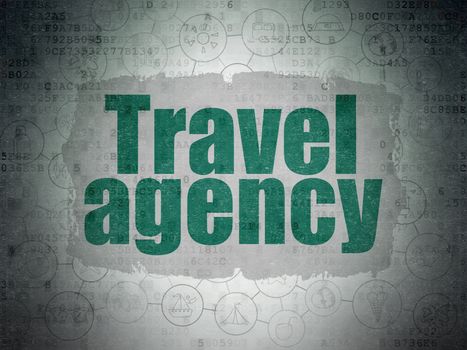 Travel concept: Painted green text Travel Agency on Digital Data Paper background with  Scheme Of Hand Drawn Vacation Icons