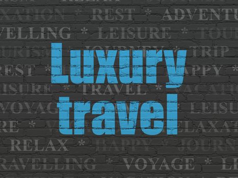 Travel concept: Painted blue text Luxury Travel on Black Brick wall background with  Tag Cloud
