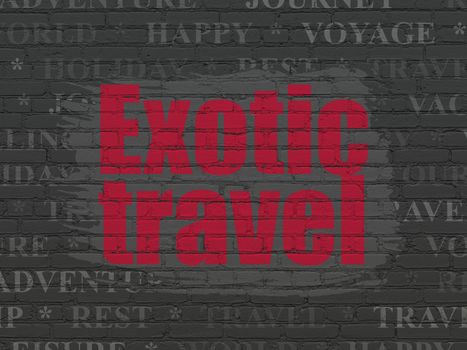 Vacation concept: Painted red text Exotic Travel on Black Brick wall background with  Tag Cloud
