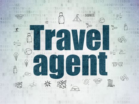 Vacation concept: Painted blue text Travel Agent on Digital Data Paper background with  Hand Drawn Vacation Icons