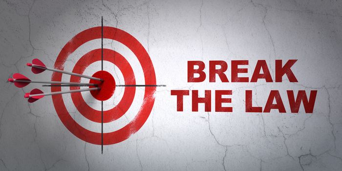 Success law concept: arrows hitting the center of target, Red Break The Law on wall background, 3D rendering