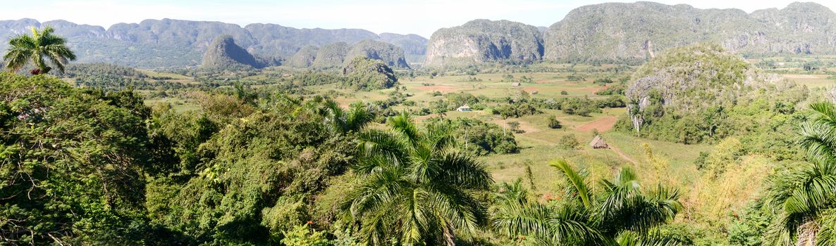 Panoramic view over landscape with mogotes in Vinales Valley, Cuba