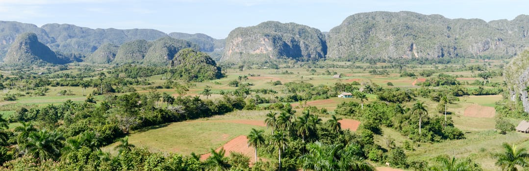 Panoramic view over landscape with mogotes in Vinales Valley, Cuba