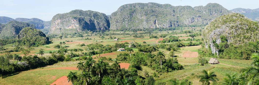 Panoramic view over landscape with mogotes in Vinales Valley, Cuba