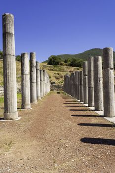 Pillar ruins of the ancient Greek city of Messinia at Peloponnese, Greece