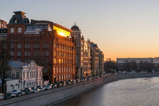 Yakimanskaya embankment traffic jam at sunset, Moscow, Russia