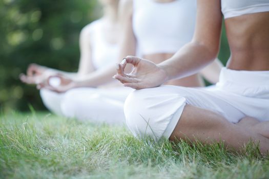 Women sitting in lotus position during yoga training at park