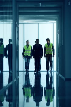 Several businesspeople and workers walking in dark corridor