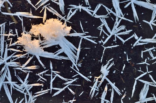 snowflakes and ice crystal on frozen lake