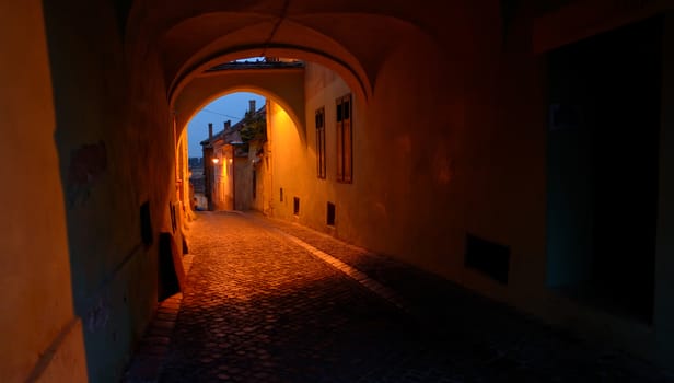 Old street of residential buildings in Sibiu city Romania