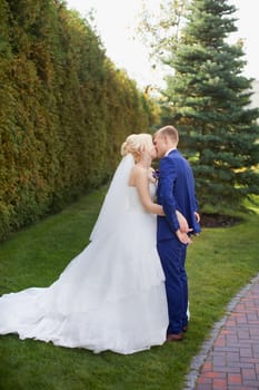 Newlyweds kissing on a green meadow on a sunny day