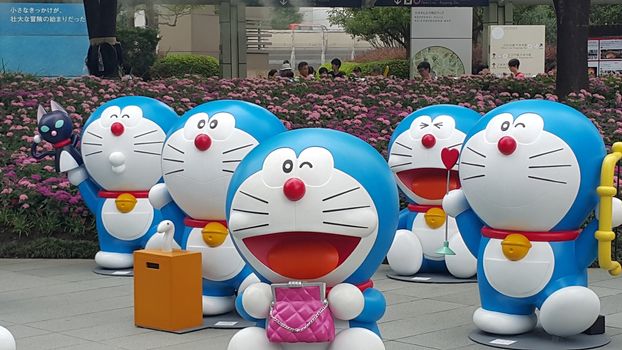 Tokyo, Japan - July 18, 2016: People and their family are enjoy visiting the Doraemon model exhibition held at Roppongi neighborhood, Tokyo.