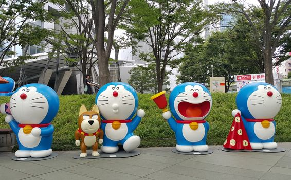 Tokyo, Japan - July 18, 2016: People and their family are enjoy visiting the Doraemon model exhibition held at Roppongi neighborhood, Tokyo.