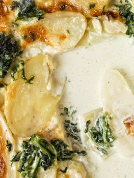 close up of rustic golden spinach potato gratin dauphinois