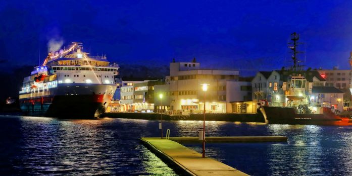 Brønnøysund havn i dag M.s Finnmarken ved kai i Brønnøysund