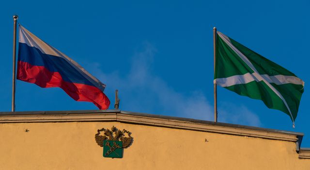 Custom Flags and Russia over customs building in Moscow 2016