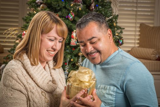 Happy Young Mixed Race Couple with Present Near Christmas Tree.