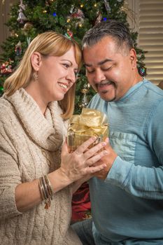 Happy Young Mixed Race Couple with Present Near Christmas Tree.