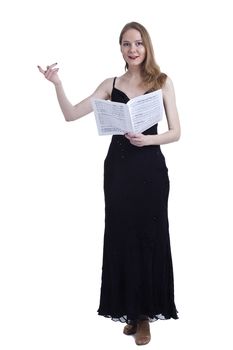 Professional opera singer with musical notebook on a white background