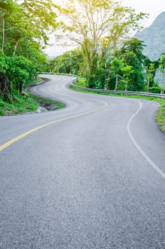 An empty S-Curved road on skyline drive in the green view.