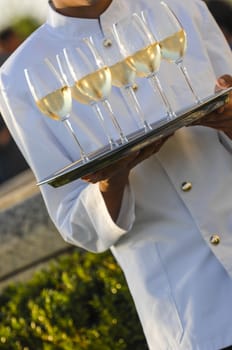 Professional male waiter in uniform serving champagne, Dri