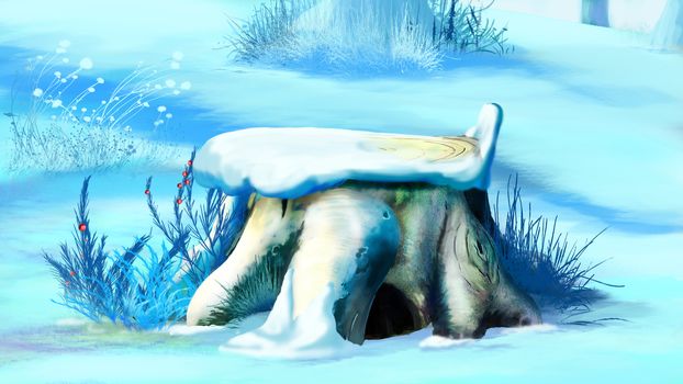 Old Tree Stump Covered with Snow.  Handmade illustration in a classic cartoon style.