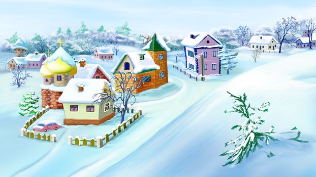 Eastern Europe Traditional Village in Snowy Winter  with small houses and churches. Handmade illustration in a classic cartoon style.