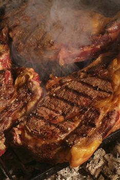 Thick ribeye steak seared rare on a cast iron grill, France