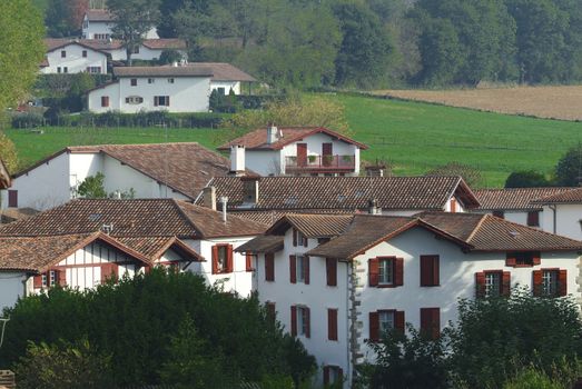 Traditional Labourdine houses in the village of Espelette, Basque country, France