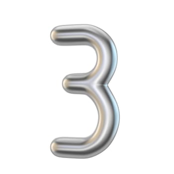 Metal silver font. Number THREE 3 3D render illustration isolated on white background