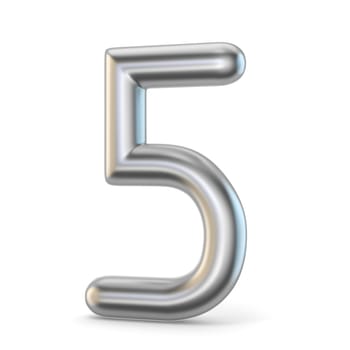 Metal silver font. Number FIVE 5 3D render illustration isolated on white background