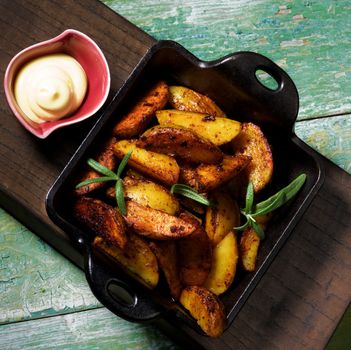 Roasted Potato Wedges with Rosemary in Black Cast-Iron Pan and Cheese Sauce on Wooden Plate on Cracked Wooden background. Top View