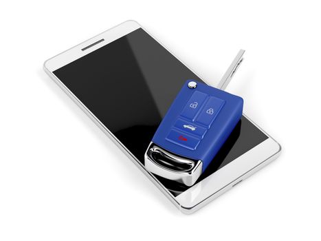 Smartphone and car key on white background