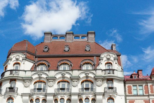 Architectural building in Stockholm with great balconies and finishings